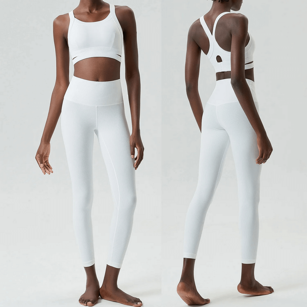 Woman wearing white Sleek Stretch Fitness Yoga Set, SF2088, perfect for workouts with quick-dry fabric. Front and back view shown.